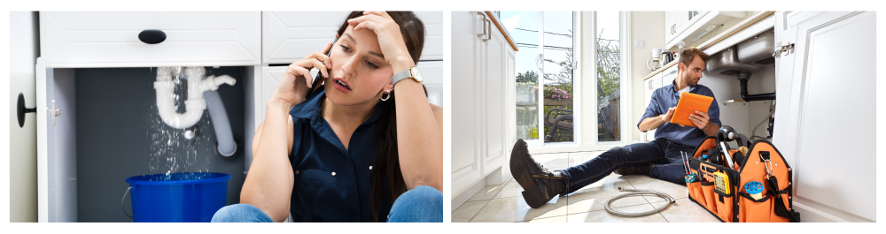     Water leaking from a sink pipe, causing damage at home. A frustrated woman sits on the kitchen floor, calling a professional for help.    Plumber with tools repairing the kitchen sink, addressing the leak issue.