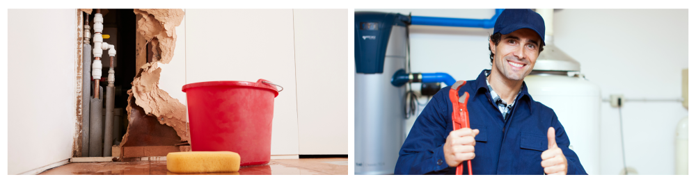     Exposed burst water pipe causing damage to the wall, with a sponge and bucket placed nearby for cleanup.    Plumber giving a thumbs-up after successfully completing a repair service.