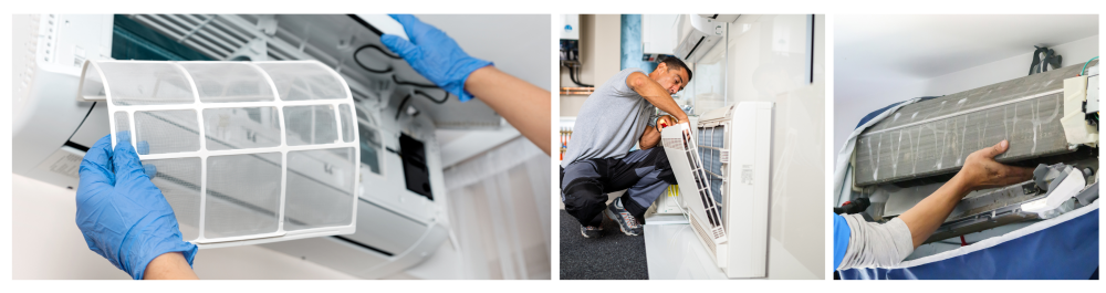     Modern air conditioner unit being serviced with the filter cleaned.    Technician cleaning the air conditioner filter.    Air conditioning cleaning service using a water spray for deep cleaning.