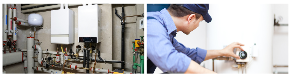 A condensing gas boiler unit in a boiler room, designed for high energy efficiency by recycling exhaust heat.A plumber repairing a conventional hot water heater, which typically operates with lower efficiency and older technology compared to condensing boilers.