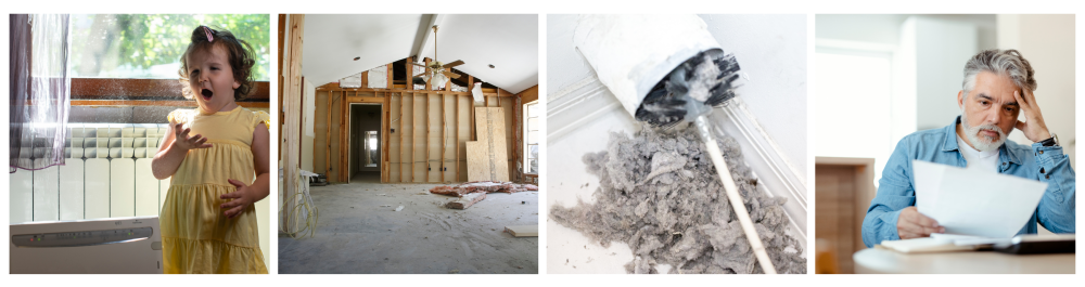     Little girl coughing in a dusty room, with dust in the air, representing the concept of allergies.    Interior of a house under construction, with open drywall and visible dust.    Dryer vent in a home being cleaned out with a round brush.    Worried middle-aged man, confused and astonished by high bills.