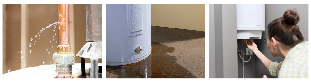     Water leaking from a pipe on top of a water heater.    Water leaking from a residential electric water heater onto a concrete floor, with signs of rust and iron staining the surface.    Woman adjusting the temperature settings on a home electric water heater.