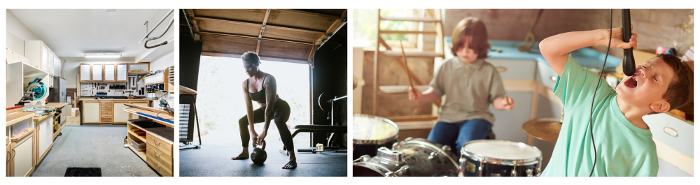     Fully equipped, self-made cabinet-making workshop in the garage of a Canadian residential house.    Woman performing a weightlifting and workout routine in her home gym set up in the garage.    Group of young kids playing music in the garage, one singing and another on the drums, showcasing the garage space being used for activities beyond parking in a heated environment.