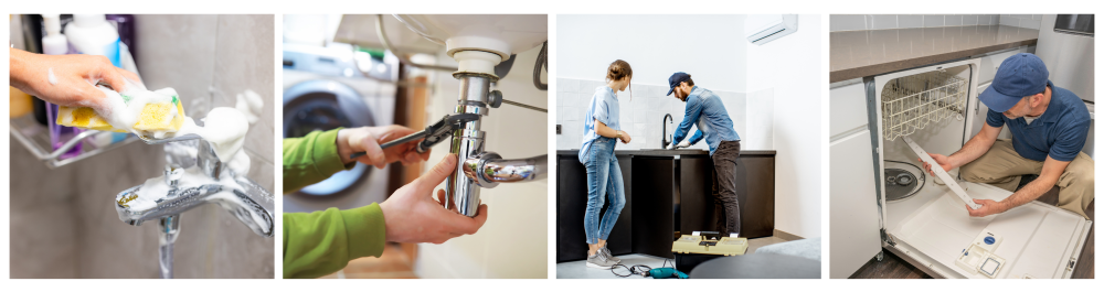 Basket filled with clean laundry.Classic white sink paired with a stylish wooden wall in a shower room.Back view of a woman washing her hair with shampoo while standing in the shower.Cropped shot of a young woman with healthy, soft-looking skin, highlighting the benefits of investing in a water softener.