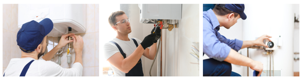     Professional plumber inspecting a boiler and pipes as part of a boiler service.    Plumber installing a water heater in the bathroom.    Plumber technician conducting maintenance on a residential water heater.