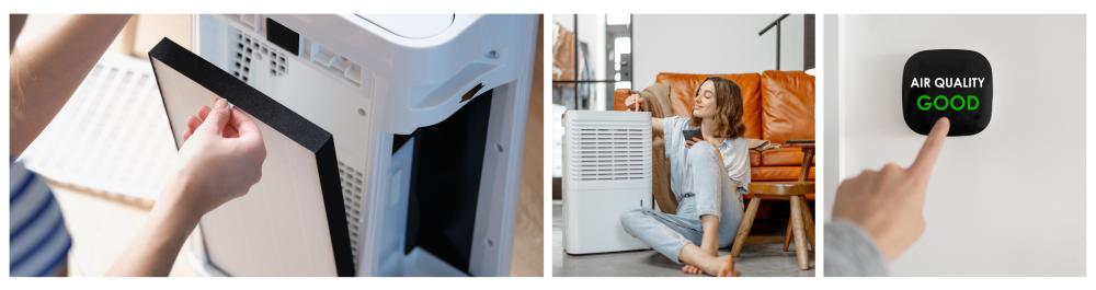     Close-up of a woman changing the filter in the air purification system.    Woman sitting near an air purifier by the sofa, monitoring air quality on her phone for better home health and indoor air quality.    Indoor home air quality system with smart home automation; woman touching the touchscreen to verify that the air purifier filter is at a good green level.