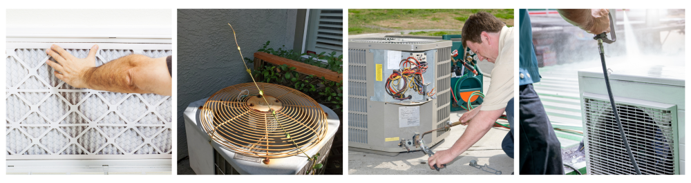     Man replacing the AC filter for a home air conditioning system.    Plant stem blowing in the breeze of an air conditioner compressor in a suburban backyard, having grown over the unit.    Air conditioning technician welding a connection before installing an AC unit.    Air conditioner cleaning technician performing maintenance by spraying water on the condensing unit at a home.