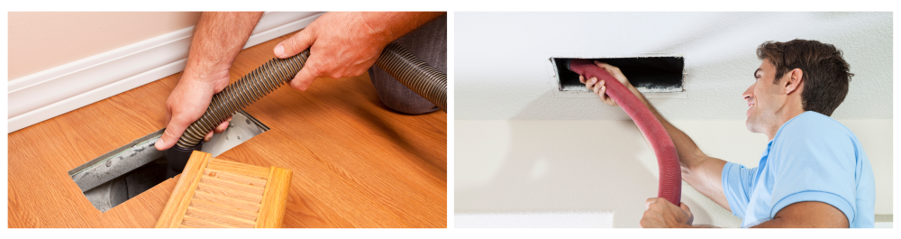 Professional technician cleaning a floor vent during an air duct cleaning service.Technician performing air duct cleaning on a ceiling vent in a residential home.