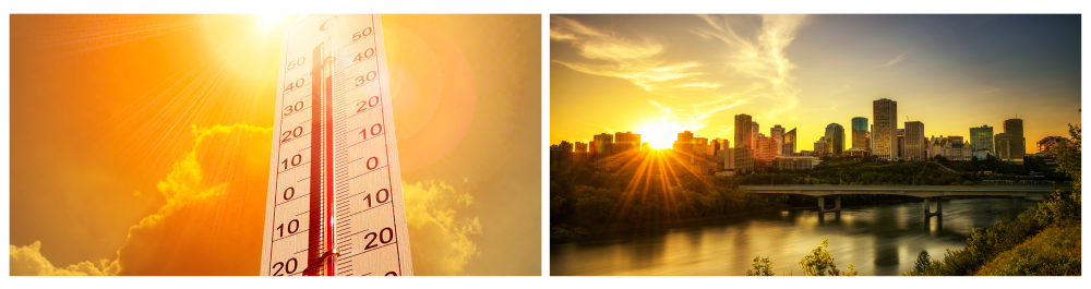     Thermometer in the sky under a blazing sun, capturing the intense summer heat with warm tones, highlighting Edmonton's record-breaking temperatures.    Sunset over downtown Edmonton, featuring the James MacDonald Bridge and the North Saskatchewan River in Alberta, Canada, during a hot summer evening.