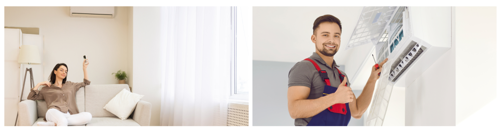     Woman at home switching on the air conditioner and relaxing on the sofa during summer weather.    AC installation technician providing excellent service; a man in uniform fixes a modern white air conditioner on the wall in a home, smiling and giving a thumbs up.