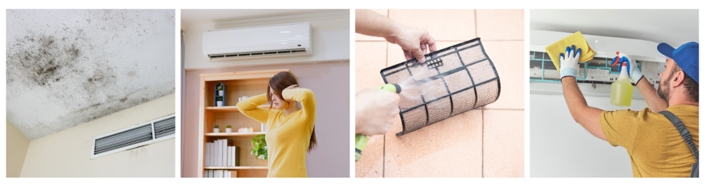     Mold growing on the ceiling near an air duct vent in a home.    A frustrated woman in her living room covering her ears, irritated by noise from the heating or air conditioning unit.    Technician performing maintenance by cleaning an air conditioner filter.    Repairman servicing and cleaning an indoor air conditioning unit.