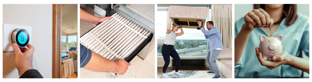     Smart home digital thermostat for heating and cooling automation system.    Close-up of hands installing a furnace air filter, preparing to clean and maintain it, ensuring no dirt or debris is present.    Family rearranging furniture, with a couple lifting an armchair high.    Woman calculating income and expenses while holding a piggy bank, representing the concept of saving money on energy bills.