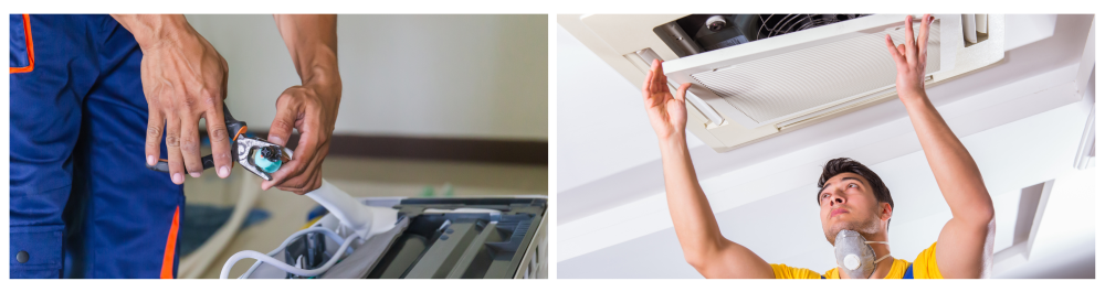 Technician installing a new air conditioning unit in a home, performing system service and maintenance. Repairman inspecting and repairing a ceiling-mounted AC unit.