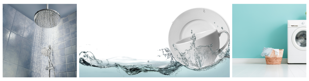     Low-angle view of running water from a showerhead in a cool-colored shower, creating a fresh and clean look.    Clean white plate and coffee mug in a pool of soft, clear water.    Interior of a laundry room with a washing machine against a bright teal wall, symbolizing a machine ready for use, ensuring perfect laundry results with soft water and no chemical residue.