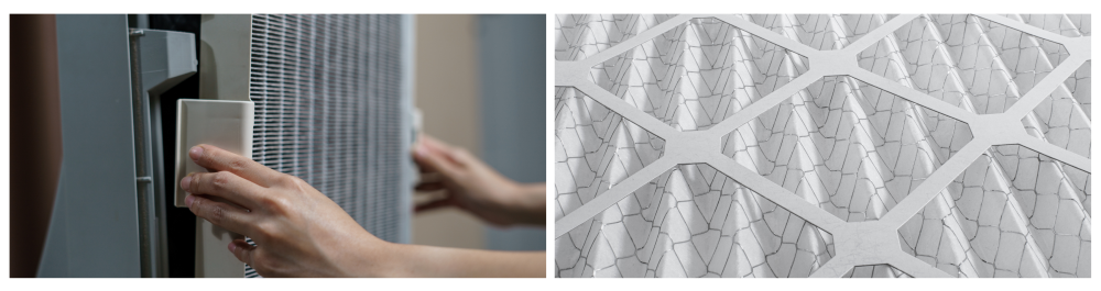     Woman's hand opening an air purifier to clean and replace a dirty air filter, removing a dusty old filter.    Air conditioning filter placed on a white background.