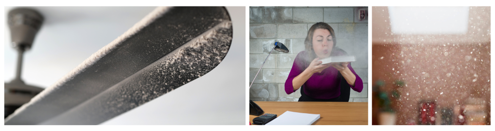     Close-up of a dusty ceiling fan with thick dust buildup blocking airflow.    Woman sitting at home, blowing dust off a book.    Sunbeam illuminating a room filled with floating dust particles in the air.