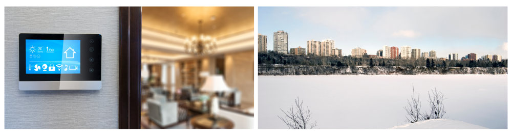     Smart screen hanging on the wall in a luxury living room, illustrating the concept of zoning technology for enhanced home comfort.    Edmonton residential skyline in the winter, showcasing snow-covered buildings and a chilly urban landscape.