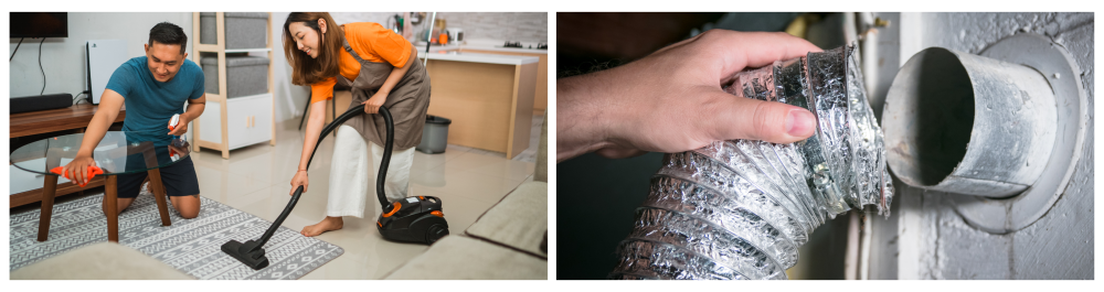     Couple working together on household chores in the living room, vacuuming and wiping a coffee table, highlighting the concept that some tasks, like dryer vent cleaning, are best left to professionals.    Flexible aluminum dryer vent hose removed for cleaning and maintenance, emphasizing the importance of regular repair and upkeep for safety and efficiency.