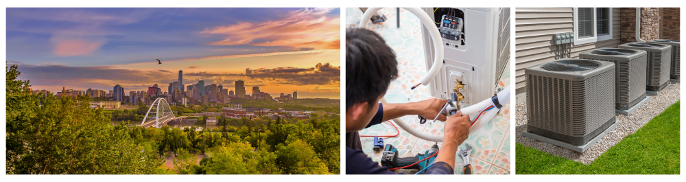     A vibrant summer sunset over Edmonton highlights the greenery and skyline, reflecting a growing trend, as over 30% of Albertans owned or planned to purchase air conditioners in 2019, a figure likely to increase with rising temperatures.    Air conditioning technician installing a new air conditioning unit in a home, highlighting the importance of professional repair and maintenance services.    Modern air conditioning and heating units designed for residential homes lacking central air conditioning, illustrating the range of options available to homeowners seeking effective cooling solutions.