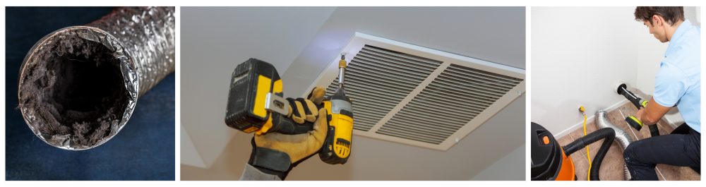 A dirty, flexible aluminum dryer vent duct clogged with lint, dust, and dirt against a blue background.The installation process of a metallic ventilation cover on a ceiling, ensuring proper airflow and functionality.A man cleaning a dryer vent at home, demonstrating the importance of maintaining clean and efficient ventilation systems.