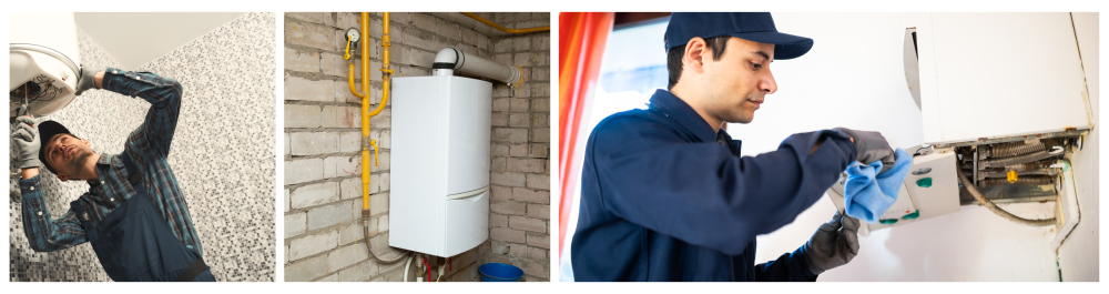     Portrait of a young handyman in uniform setting up an electric heating boiler at home, captured in a horizontal shot.    Wall-mounted gas boiler connected to a pipe leading to the street, illustrating efficient installation for residential heating.    Technician repairing a hot water heater, emphasizing the considerations when choosing between tankless and conventional water heaters. Tankless options save floor space in smaller areas, while conventional tanks may be more budget-friendly for those with limited funds.