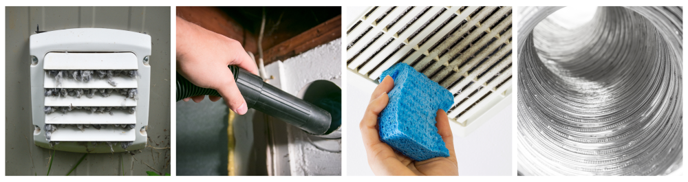 A close-up of a dirty dryer vent filled with lint and debris, highlighting the need for maintenance.A vacuum is used to clean a flexible aluminum dryer vent hose, removing lint to prevent potential fire hazards.A close-up of a hand cleaning a dirty vent cover with a blue sponge, emphasizing the importance of professional dryer vent cleaning over DIY methods.A clean, debris-free dryer vent tube shown in detail, showcasing the results of proper maintenance.