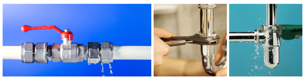     Broken plumbing with water leaking from damaged pipes.    Professional plumber using a spanner to inspect and repair a pipe.    Heavy-duty wrench fixing a water leak under the sink drain, with water splashing from the pipe hose during bathroom plumbing repair, isolated against a blue background.