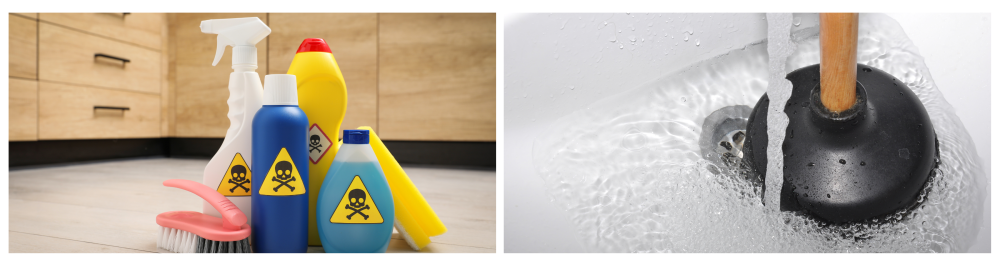     Bottles of toxic household chemicals with warning signs, along with a scrubbing sponge and brush on the floor indoors.    Plunger and clogged sink pipe, representing the concept of cleaning and unclogging.