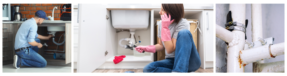     Professional plumber repairing a kitchen sink.    Woman sitting near a leaking sink, making a call for assistance.    Clamps attached to white, leaky water pipes.