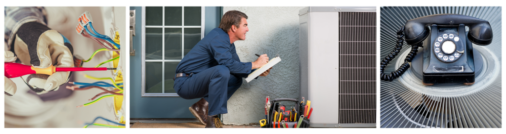     Professional electrician preparing an electrical wall outlet inside a residential home.    Air conditioner repairman in uniform with a clipboard and tool bucket inspecting the outdoor AC unit.    Air conditioner unit displayed with a rotary phone, symbolizing the need for a service call to contact professionals.