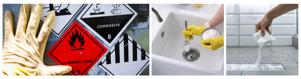     Warning symbol for chemical hazards displayed on a chemical container.    Close-up of a woman using baking soda to unclog a sink drain.    Close-up of a woman's hand pouring pipe cleaner granules into a shower drain, using a specialized remedy with powder to remove blockages in the bathroom.