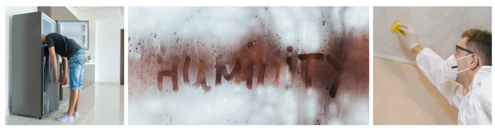     On a hot summer day, a homeowner cools off by sticking his head in the refrigerator due to a broken air conditioner.    The word "humidity" written on a wet window with condensation, indicating high indoor dampness levels.    A cleaning service worker removing mold from a wall using a sprayer with mold remediation chemicals.