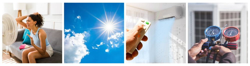     A woman sits on the couch, visibly distressed from the heat without a functioning air conditioner, using an electric fan to cool down during a summer heatwave.    A hot summer background features the sun shining brightly against a blue sky with clouds, emphasizing the oppressive heat.    An air conditioner blows warm air as a person attempts to adjust the remote, struggling to get the ductless unit to function properly.    An HVAC technician uses gauges to check refrigerant levels and adds refrigerant, ensuring optimal performance of the air conditioning system.