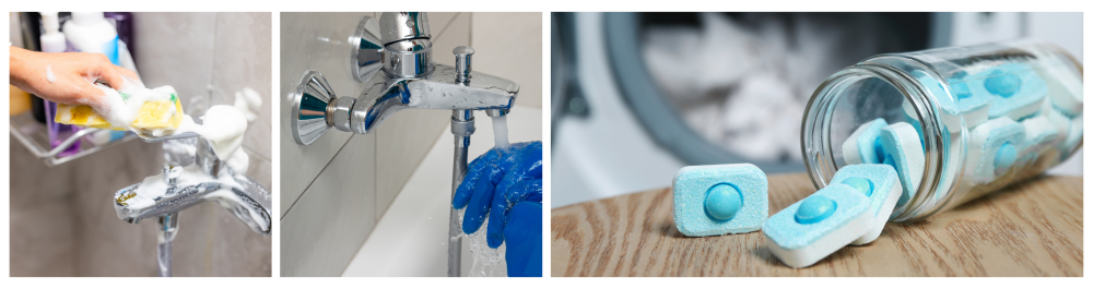     Cleaning hard water stains and deposits on a bathroom tap, highlighting the challenges homeowners face with untreated water. Since the City of Edmonton ceased water softening in 2000, homeowners must take the initiative to install water softeners for the benefits of soft water.    Close-up of the shower faucet cleaning process, using a commercial soap scum remover to eliminate lime scale and chalky sediment.    Jar of water softener tablets on a wooden table near a washing machine, emphasizing that hard water can leave a film on clothing since soap does not lather effectively in such conditions.