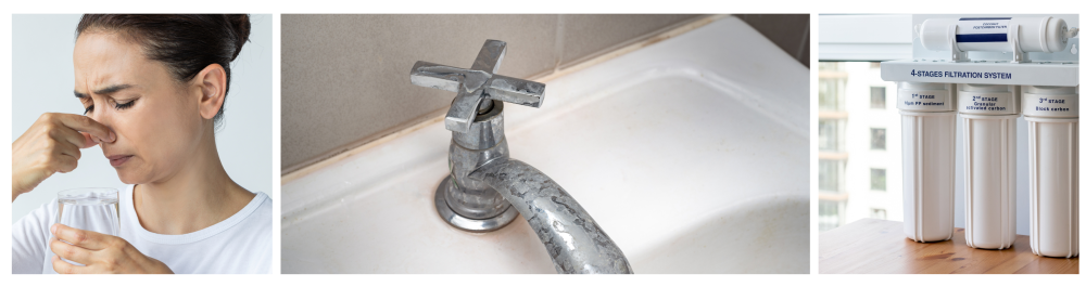     Woman holding her nose with a glass of water in her other hand, representing concerns about water treatment and pollution issues, particularly water with a bad odor.    Dirty faucet with stains and limescale in the bathroom sink.    Four-stage water filtration system, specifically a reverse osmosis system, displayed on the counter with a window behind it.