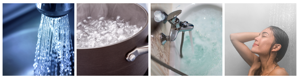 Water tap with flowing water spray, representing the concept of water conservation and reducing water usage to address supply problems at home.Pot of boiling water on a stove with steam rising, illustrating energy use in daily tasks and the importance of mindful water consumption.Foamy hot bath in a modern bathroom, symbolizing relaxation and comfort while also emphasizing the need for water conservation.Woman washing her hair in a comfortable shower standing under warm water in a clean bathroom.