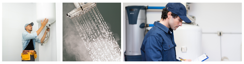     Close-up view of running water from a shower with hot steam rising, emphasizing the warmth and relaxation of a hot shower.    Technician servicing a hot water heater, illustrating the importance of regular maintenance and repair to ensure efficient hot water supply.