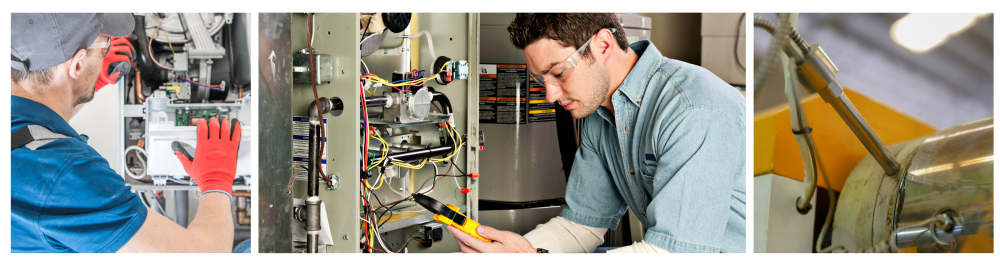     Technician servicing a residential heating unit due to an issue with the central gas furnace.    Service technician testing a furnace for proper functionality.    Thermocouple in a heater, used as heat measuring equipment in a factory setting.