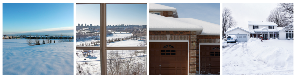     A serene winter landscape showcasing the snowy terrain of Edmonton, Alberta, highlighting the beauty of the season.    A portrait view of an old wooden window framing the picturesque Edmonton River Valley, with high-rise buildings and triangular conservatories visible in the background.    Snow-covered garage doors, emphasizing the winter season and its impact on residential properties.    Street side view of a residential neighbourhood during a winter snowstorm, with a snow-covered home, plowed driveway, and car buried in snow in front of the garage.