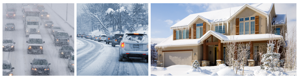     Vehicles in a winter storm in Canada, highlighting challenging driving conditions and snow accumulation.    A line of cars navigating a snowy, icy road alongside a snow-covered home under a clear blue sky.