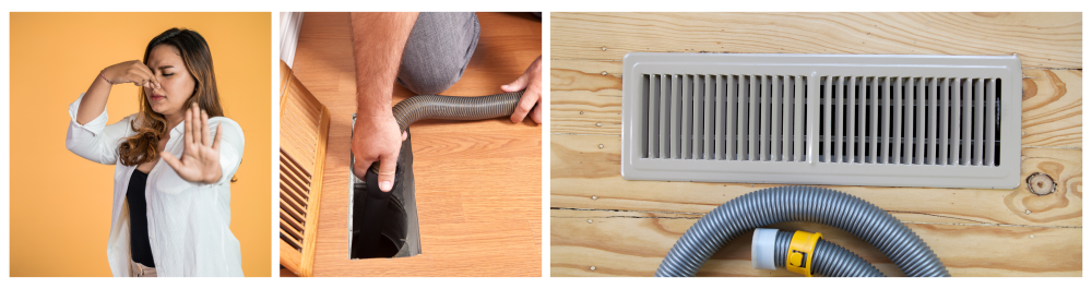     Young woman covering her nose with her finger due to a bad smell, illustrating the discomfort of poor indoor air quality.    Professional cleaning an air duct, emphasizing the importance of maintaining clean ventilation systems for better air quality.    Ventilation air duct cleaning concept, highlighting the benefits of duct cleaning. It removes obstructions like dust and cobwebs, improving airflow and reducing unpleasant odors, ultimately leading to lower utility bills.