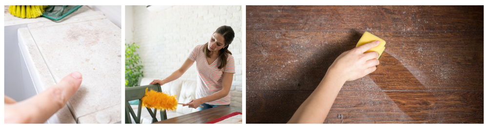     Finger pointing to a dusty surface on home furniture, representing a dusty home environment.    Female homeowner dusting chairs in the living room, illustrating routine house cleaning.    Wiping dust off a wooden surface at home, conveying the idea that if your furniture is dustier than usual or your furnace seems to be working harder, it’s likely time to replace your furnace filter.