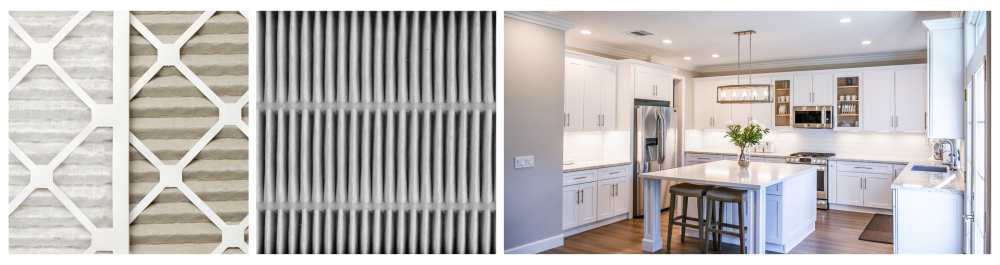     Two home furnace air filters: a clean, new one placed on top of a used, dirty one, highlighting the importance of regular filter replacement for optimal air quality.    Close-up of a HEPA filter, showcasing its ability to capture fine particles and improve indoor air quality.    Modern white kitchen with bright lighting, representing a clean home with fresh, healthy air.