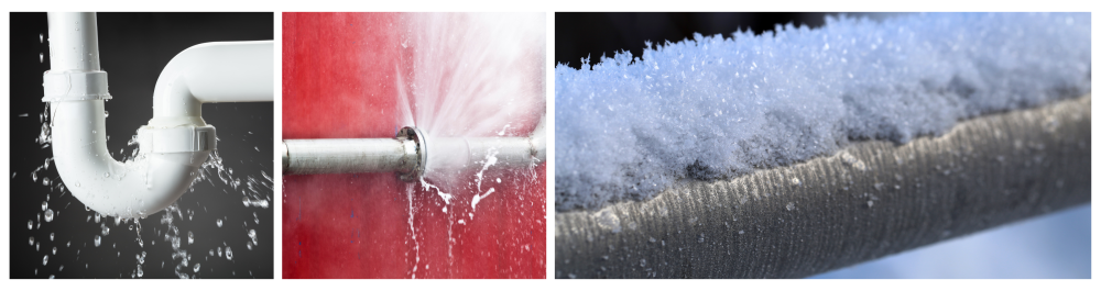     Water leaking from a stainless steel pipe against a grey background, showcasing potential plumbing issues.    High-pressure pipe leaking on a red background, emphasizing the urgency of addressing pipe leaks.    Close-up of a frozen silver-colored metal pipe during a cold winter day, illustrating the effects of extreme temperatures on plumbing.