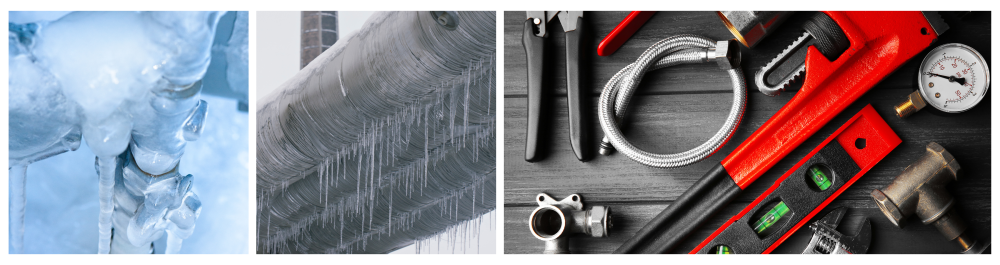     Frozen pipes in winter, with ice forming around them on an extremely cold day outdoors.    Icicle hanging from heat pipes covered in snow, highlighting the effects of harsh winter conditions.    Plumber's tools on a wooden background, emphasizing the importance of prevention; however, if you encounter burst water pipes, contact a trained professional immediately.