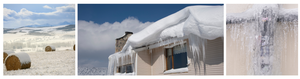     Winter landscape of the Alberta prairies.    Icicles forming on a large ice dam along the roof of a residential home.    Frozen pipes covered in ice due to harsh winter conditions.