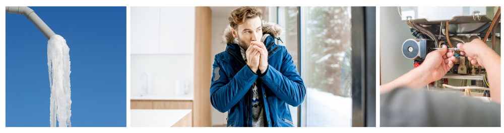     Most common winter plumbing issues – frozen pipes. When temperatures drop, the water inside can freeze, leading to burst pipes.    Man dressed in winter clothes standing near a window at home, feeling cold due to a broken heating system. This scene emphasizes the frustration homeowners experience when their HVAC system fails during harsh winter months, leaving families without heat.    Technician repairing a furnace, representing the importance of seeking professional help for common winter household issues. Modern Air and Water provides expert solutions for heating, cooling, plumbing, and indoor air quality in Edmonton.