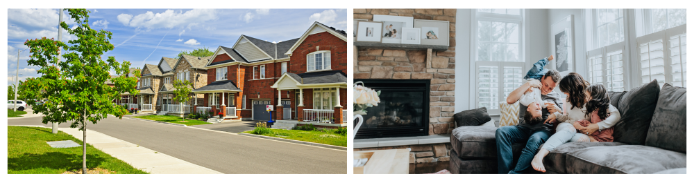 A suburban residential street lined with red brick houses, showcasing a charming and cohesive neighbourhood atmosphere. A family enjoying quality time together on the couch in their living room, with bright natural light and a cozy fireplace. The mom, dad, and two kids are laughing and playing, surrounded by family photos, creating a warm and comfortable atmosphere.