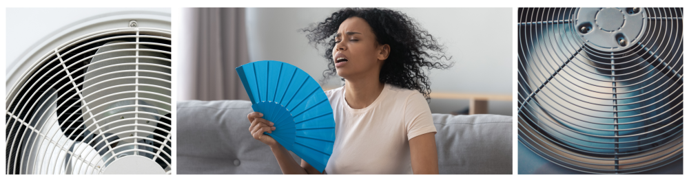     Air conditioner condenser unit coil fan not running, signaling a potential malfunction during hot weather.    An overheated young woman sits uncomfortably on the sofa, sweating and visibly frustrated by the lack of cooling, highlighting the discomfort of enduring a heatwave without a functioning air conditioner.    Air conditioner unit fan running, representing relief and the restoration of cool air in hot weather.