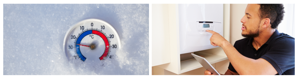     A thermometer with Celsius scale placed in fresh snow, showing a sub-zero temperature of minus 26 degrees, indicating extreme cold winter weather in Alberta, Canada.    A technician servicing a boiler while holding a tablet. 